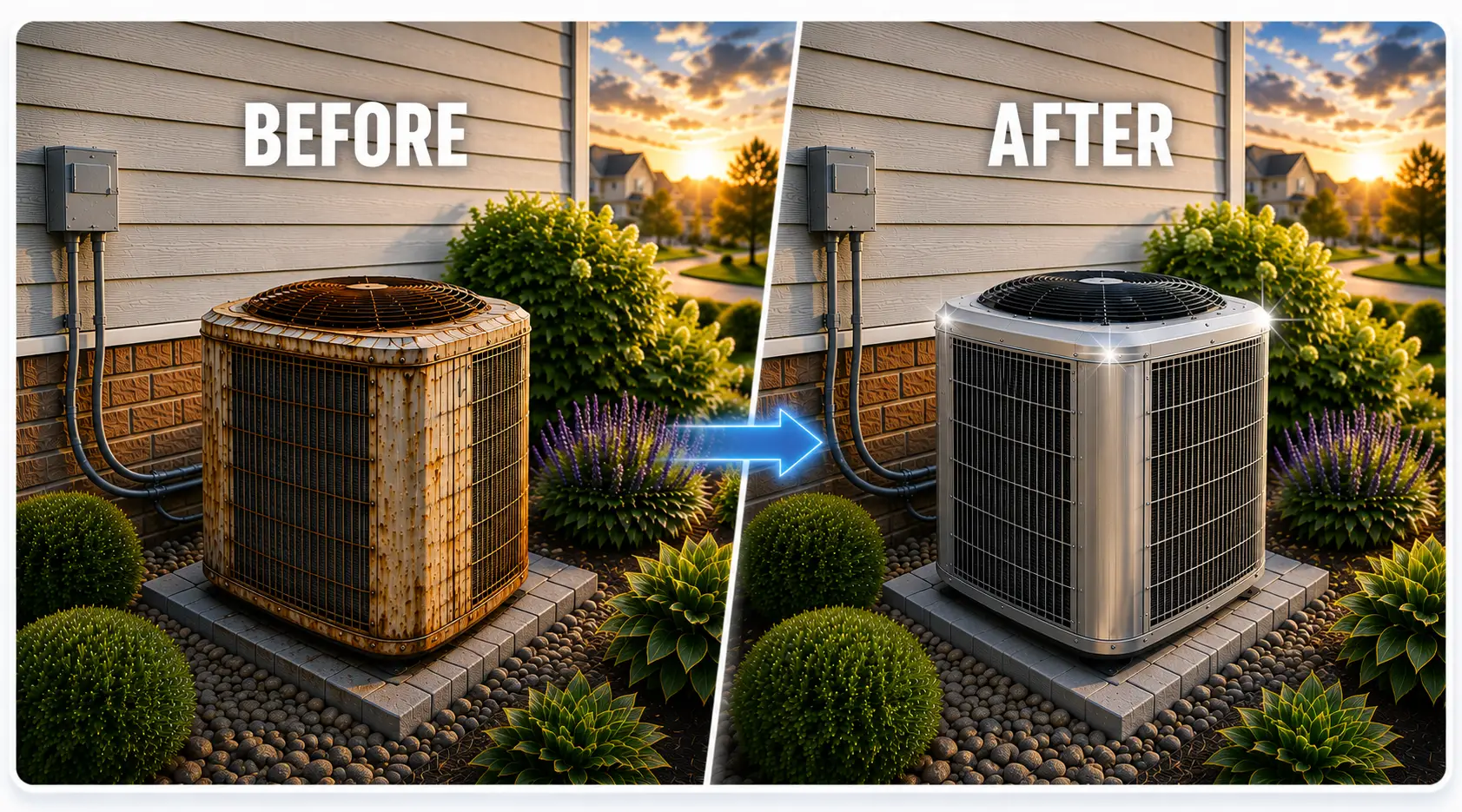 A run down and dirty old air conditioner on the left side, and a cleaned and refurbished air conditioner on the right hand side