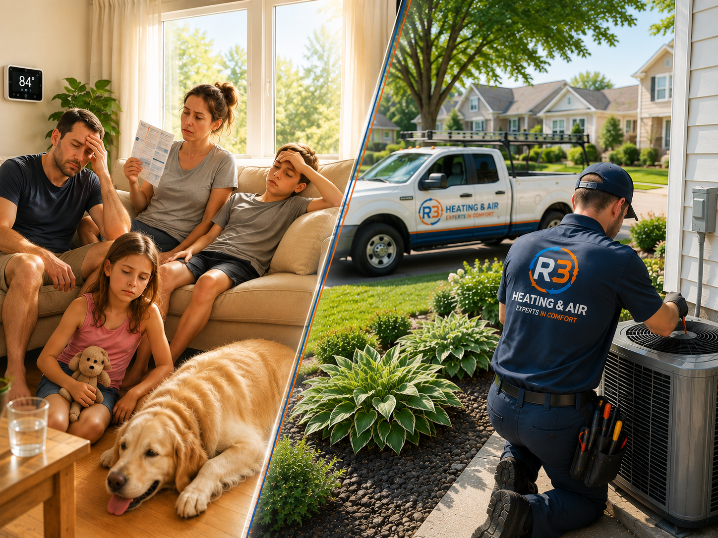 Family without air on the left side clearly hot, HVAC technician working on air conditioner outside of house with work truck in background on right side