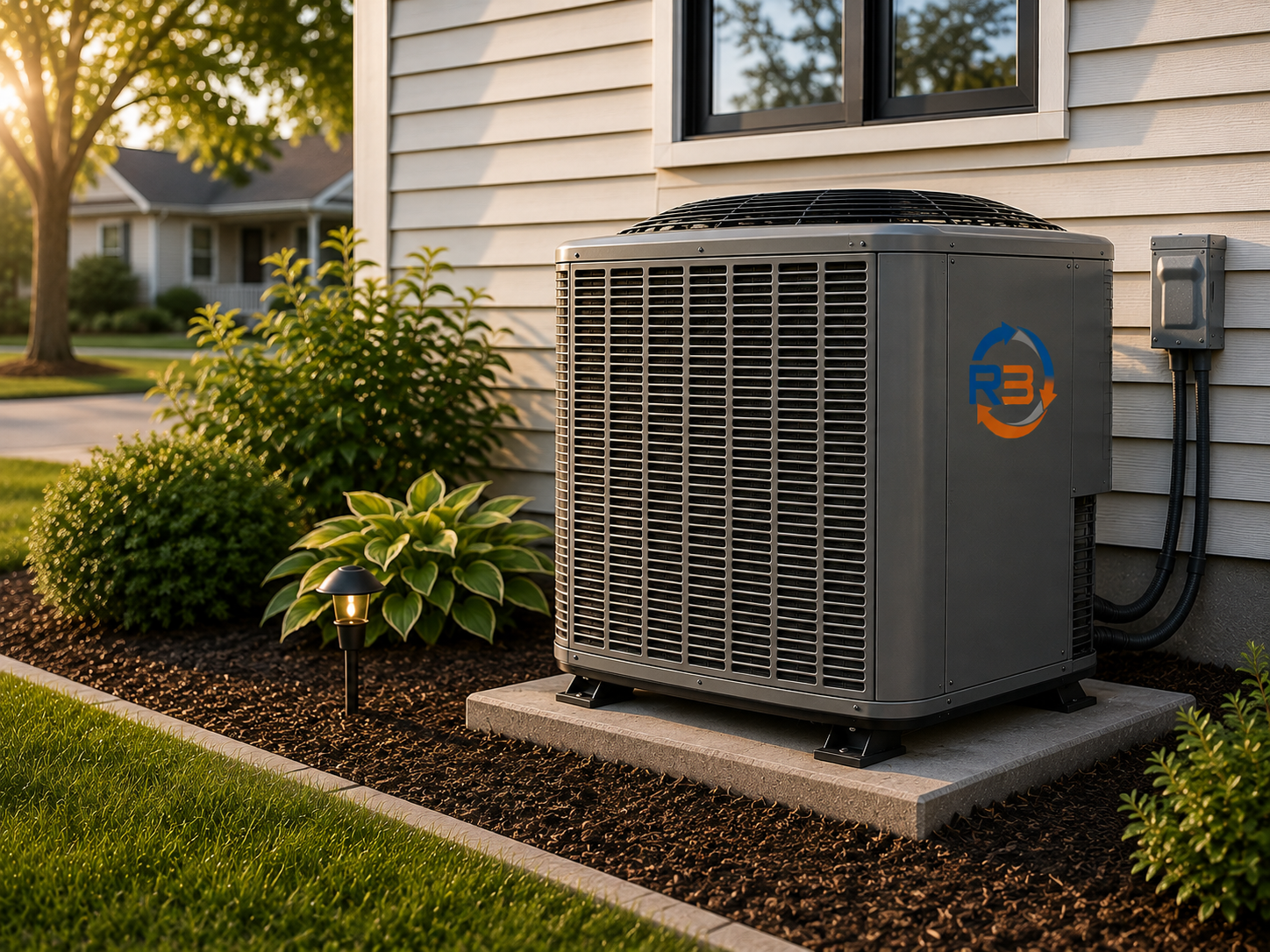 Air conditioner unit outside of a residential home with plants around it