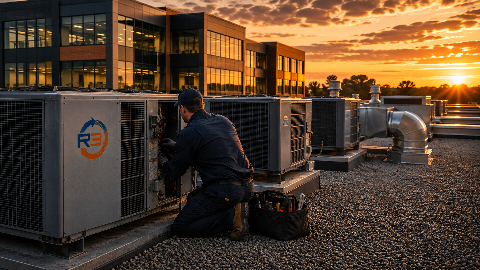 HVAC technician working on rooftop units at a commercial property