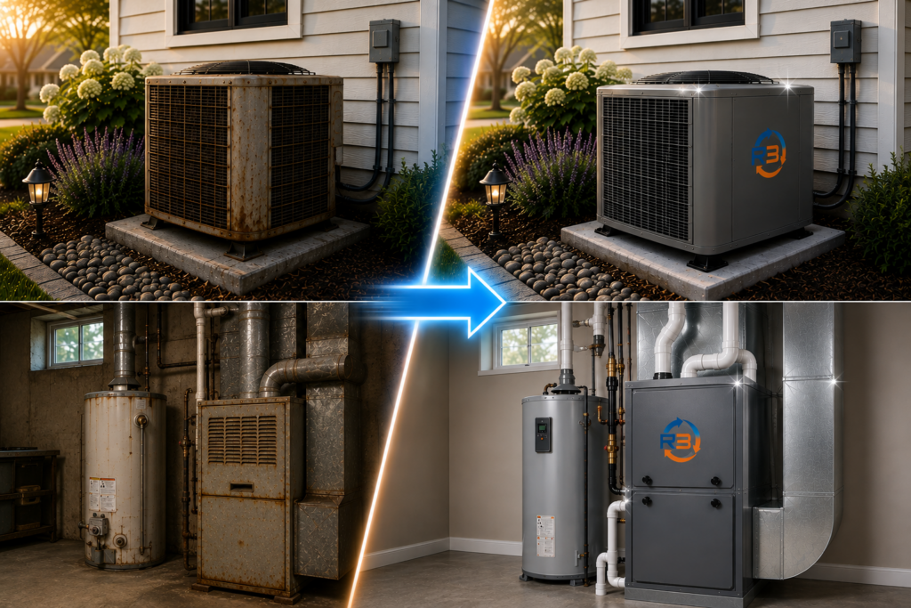 Old outdated furnace and air conditioner on left hand side--refreshed and refurbished air conditioner and furnace on the right hand side