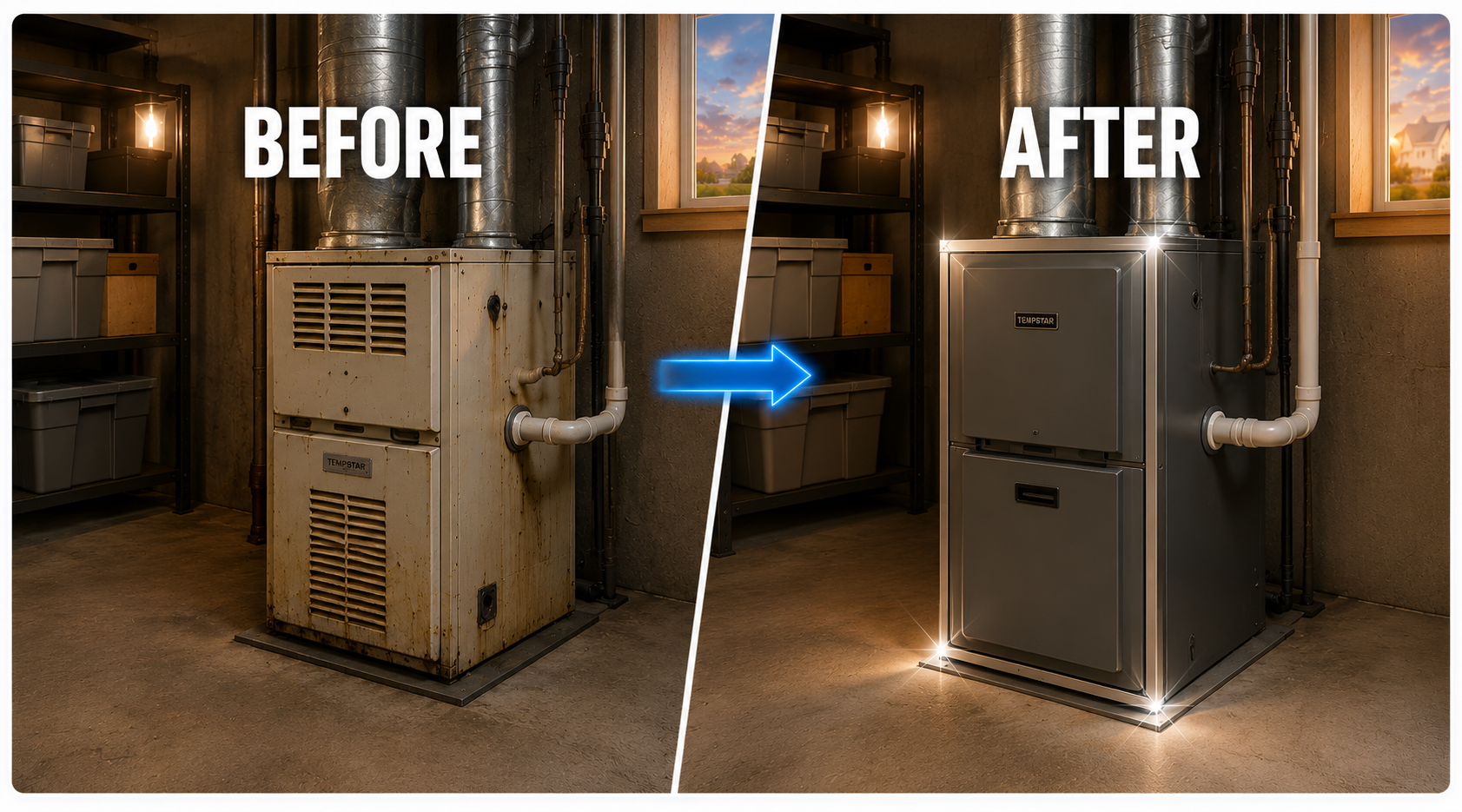 An old run down furnace on the left, and an updated and refreshed furnace on the right hand side.