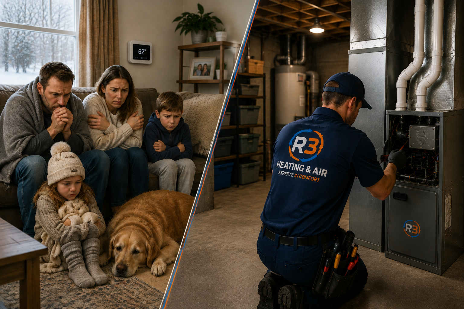 On the left a cold family huddled together with blankets, on the right, a technician fixing the furnace.