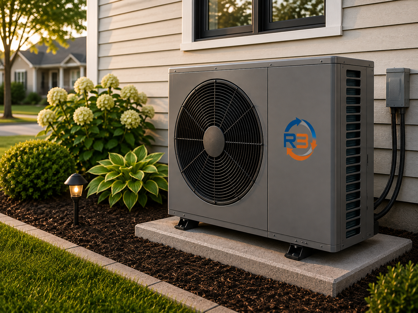 Heat Pump in the side yard of a house