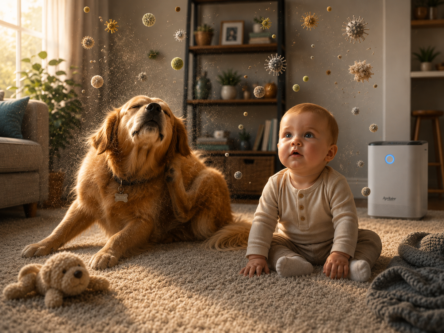A baby and a shaking dog sitting on a floor with enlarged air pollutants floating around