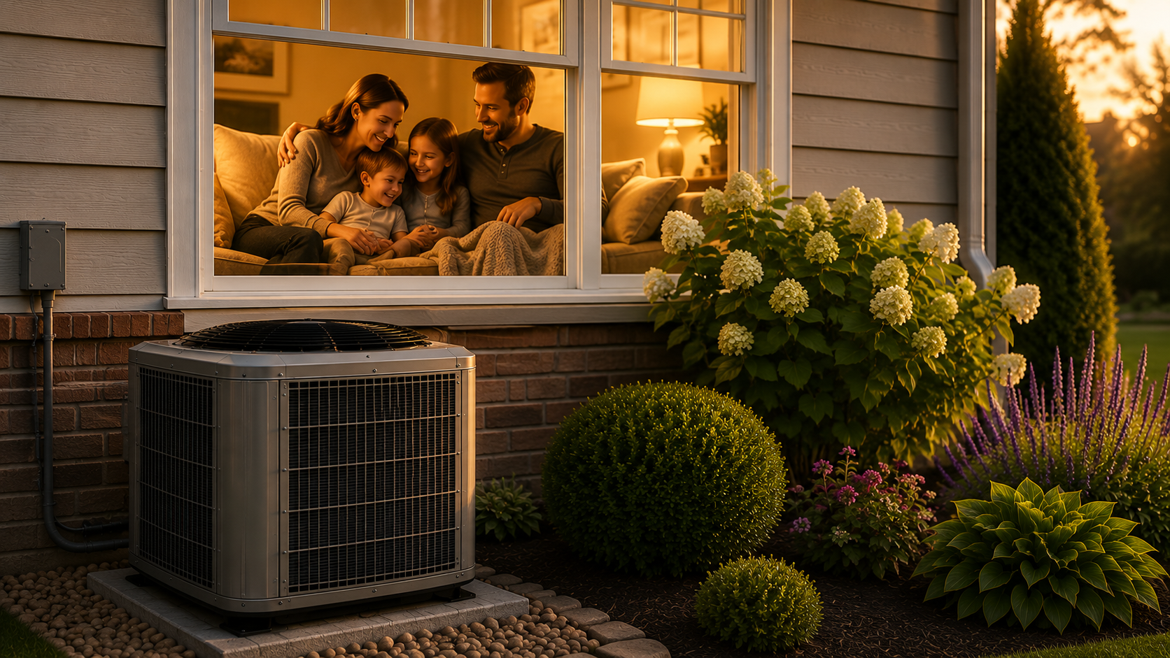 Looking into a residential property, air conditioning unit outside, family inside