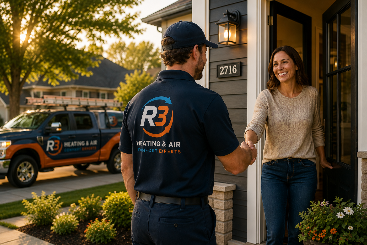 HVAC technician shaking hands with homeowner at front door with work truck in the background