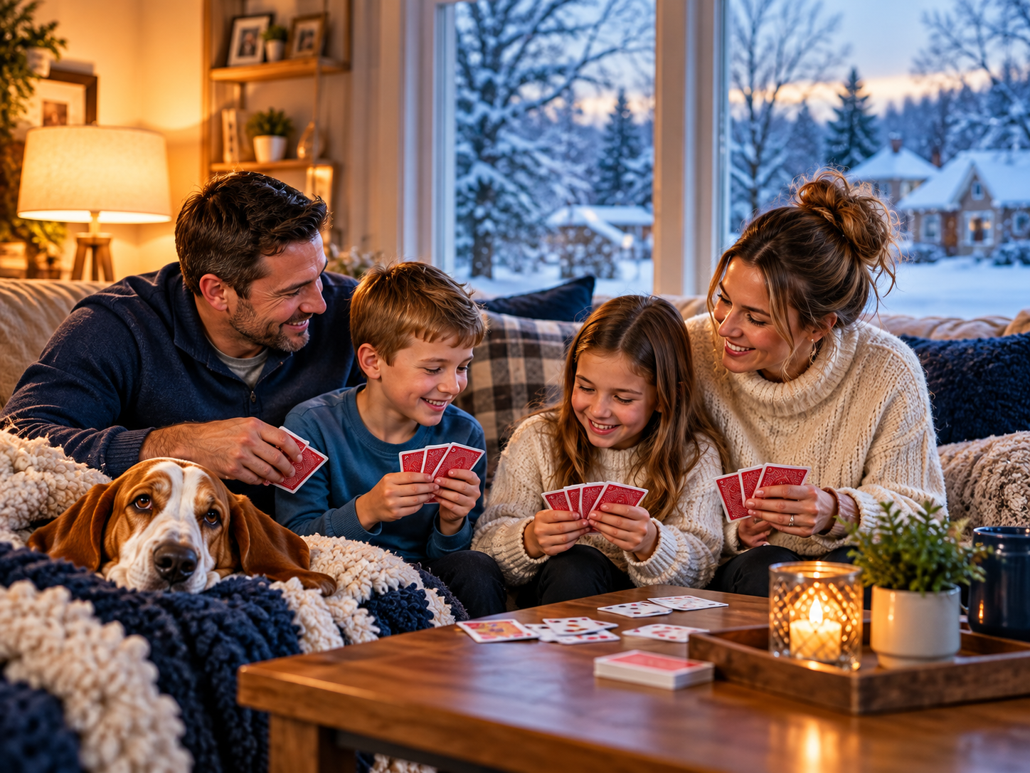 A family cozy and warm playing cards, snowy out the window