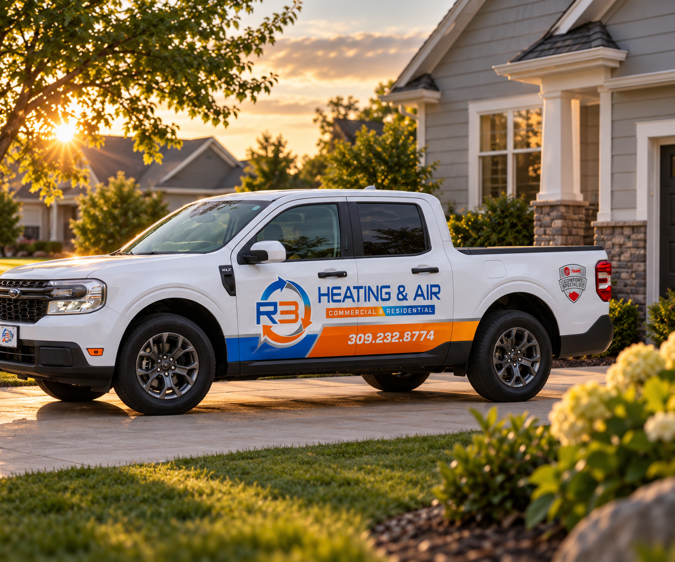 R3 Heating & Air truck in customer's driveway
